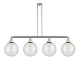 214-SN-G204-12 4-Light 56" Brushed Satin Nickel Island Light - Seedy Beacon Glass - LED Bulb - Dimmensions: 56 x 12 x 16<br>Minimum Height : 26<br>Maximum Height : 50 - Sloped Ceiling Compatible: Yes