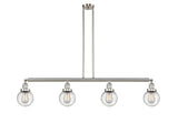 214-SN-G204-6 4-Light 50.625" Brushed Satin Nickel Island Light - Seedy Beacon Glass - LED Bulb - Dimmensions: 50.625 x 6 x 10.875<br>Minimum Height : 20<br>Maximum Height : 44 - Sloped Ceiling Compatible: Yes