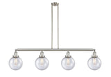 214-SN-G204-8 4-Light 52.625" Brushed Satin Nickel Island Light - Seedy Beacon Glass - LED Bulb - Dimmensions: 52.625 x 8 x 12.875<br>Minimum Height : 22<br>Maximum Height : 46 - Sloped Ceiling Compatible: Yes