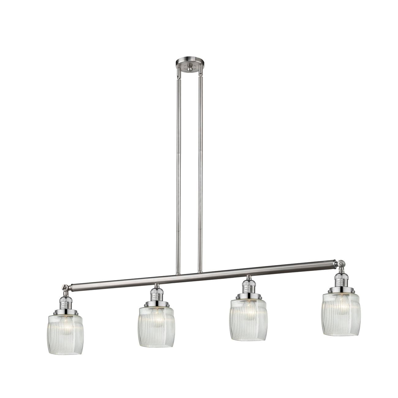214-SN-G302 4-Light 50.125" Brushed Satin Nickel Island Light - Thick Clear Halophane Colton Glass - LED Bulb - Dimmensions: 50.125 x 7 x 11<br>Minimum Height : 20.25<br>Maximum Height : 44.25 - Sloped Ceiling Compatible: Yes