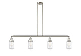 214-SN-G312 4-Light 49.125" Brushed Satin Nickel Island Light - Clear Dover Glass - LED Bulb - Dimmensions: 49.125 x 4.5 x 10.75<br>Minimum Height : 20.75<br>Maximum Height : 44.75 - Sloped Ceiling Compatible: Yes