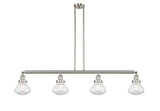 214-SN-G322 4-Light 51.375" Brushed Satin Nickel Island Light - Clear Olean Glass - LED Bulb - Dimmensions: 51.375 x 6.375 x 8.75<br>Minimum Height : 21.875<br>Maximum Height : 45.875 - Sloped Ceiling Compatible: Yes