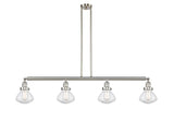 214-SN-G324 4-Light 51.375" Brushed Satin Nickel Island Light - Seedy Olean Glass - LED Bulb - Dimmensions: 51.375 x 6.375 x 8.75<br>Minimum Height : 21.875<br>Maximum Height : 45.875 - Sloped Ceiling Compatible: Yes