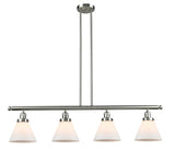 214-SN-G41 4-Light 52.375" Brushed Satin Nickel Island Light - Matte White Cased Large Cone Glass - LED Bulb - Dimmensions: 52.375 x 7.75 x 10<br>Minimum Height : 20.25<br>Maximum Height : 44.25 - Sloped Ceiling Compatible: Yes