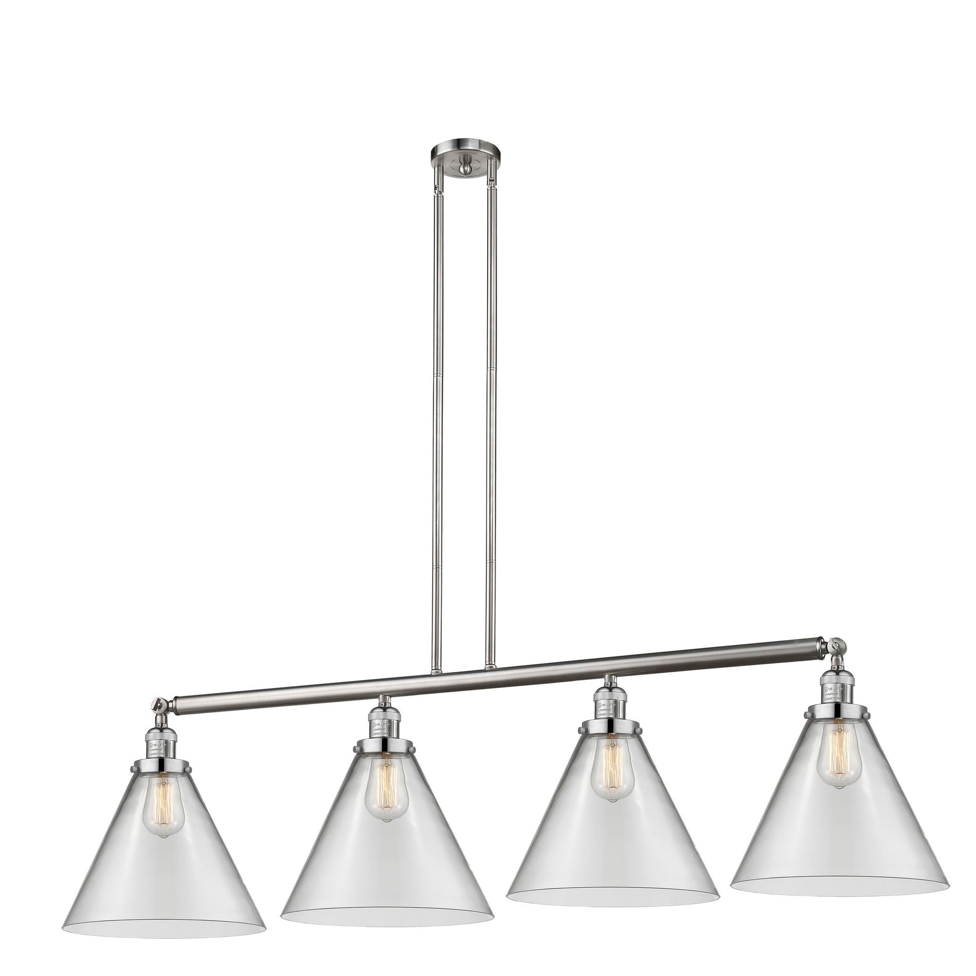 214-SN-G42-L 4-Light 56" Brushed Satin Nickel Island Light - Clear Cone 12" Glass - LED Bulb - Dimmensions: 56 x 12 x 14<br>Minimum Height : 24.25<br>Maximum Height : 48.25 - Sloped Ceiling Compatible: Yes