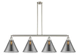 214-SN-G43-L 4-Light 56" Brushed Satin Nickel Island Light - Plated Smoke Cone 12" Glass - LED Bulb - Dimmensions: 56 x 12 x 14<br>Minimum Height : 24.25<br>Maximum Height : 48.25 - Sloped Ceiling Compatible: Yes