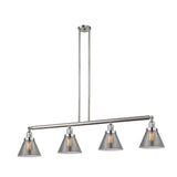 214-SN-G43 4-Light 52.375" Brushed Satin Nickel Island Light - Plated Smoke Large Cone Glass - LED Bulb - Dimmensions: 52.375 x 7.75 x 10<br>Minimum Height : 20.25<br>Maximum Height : 44.25 - Sloped Ceiling Compatible: Yes