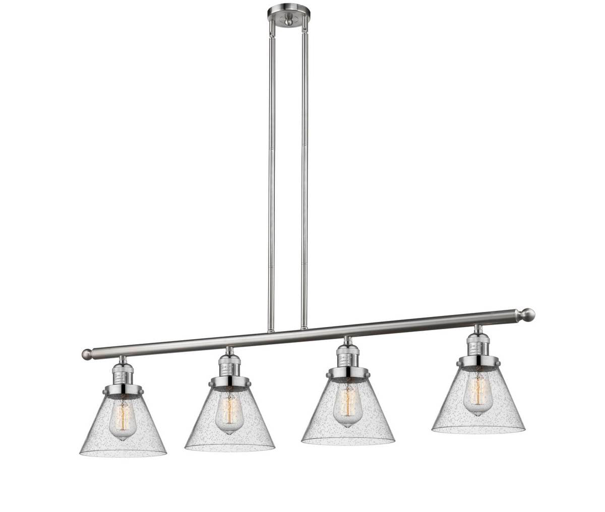 214-SN-G44 4-Light 52.375" Brushed Satin Nickel Island Light - Seedy Large Cone Glass - LED Bulb - Dimmensions: 52.375 x 7.75 x 10<br>Minimum Height : 20.25<br>Maximum Height : 44.25 - Sloped Ceiling Compatible: Yes