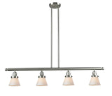 214-SN-G61 4-Light 50.875" Brushed Satin Nickel Island Light - Matte White Cased Small Cone Glass - LED Bulb - Dimmensions: 50.875 x 6.25 x 10<br>Minimum Height : 20<br>Maximum Height : 44 - Sloped Ceiling Compatible: Yes
