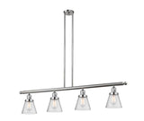 214-SN-G64 4-Light 50.875" Brushed Satin Nickel Island Light - Seedy Small Cone Glass - LED Bulb - Dimmensions: 50.875 x 6.25 x 10<br>Minimum Height : 20<br>Maximum Height : 44 - Sloped Ceiling Compatible: Yes