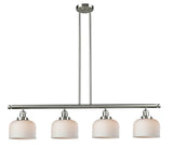 214-SN-G71 4-Light 52.625" Brushed Satin Nickel Island Light - Matte White Cased Large Bell Glass - LED Bulb - Dimmensions: 52.625 x 8 x 10<br>Minimum Height : 20<br>Maximum Height : 44 - Sloped Ceiling Compatible: Yes