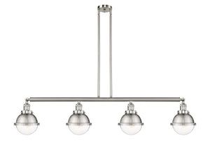 214-SN-HFS-62-SN 4-Light 51.875" Brushed Satin Nickel Island Light - Clear Hampden Glass - LED Bulb - Dimmensions: 51.875 x 7.25 x 10.5<br>Minimum Height : 19.5<br>Maximum Height : 43.5 - Sloped Ceiling Compatible: Yes