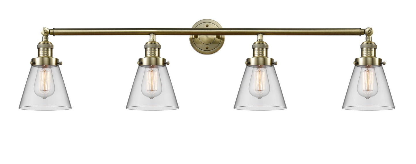 4-Light 42.25" Antique Brass Bath Vanity Light - Clear Small Cone Glass LED