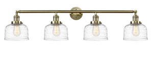 4-Light 44" Antique Brass Bath Vanity Light - Clear Deco Swirl Large Bell Glass LED