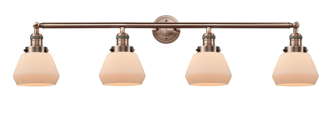 215-AC-G171 4-Light 42.75" Antique Copper Bath Vanity Light - Matte White Cased Fulton Glass - LED Bulb - Dimmensions: 42.75 x 7.875 x 9.25 - Glass Up or Down: Yes