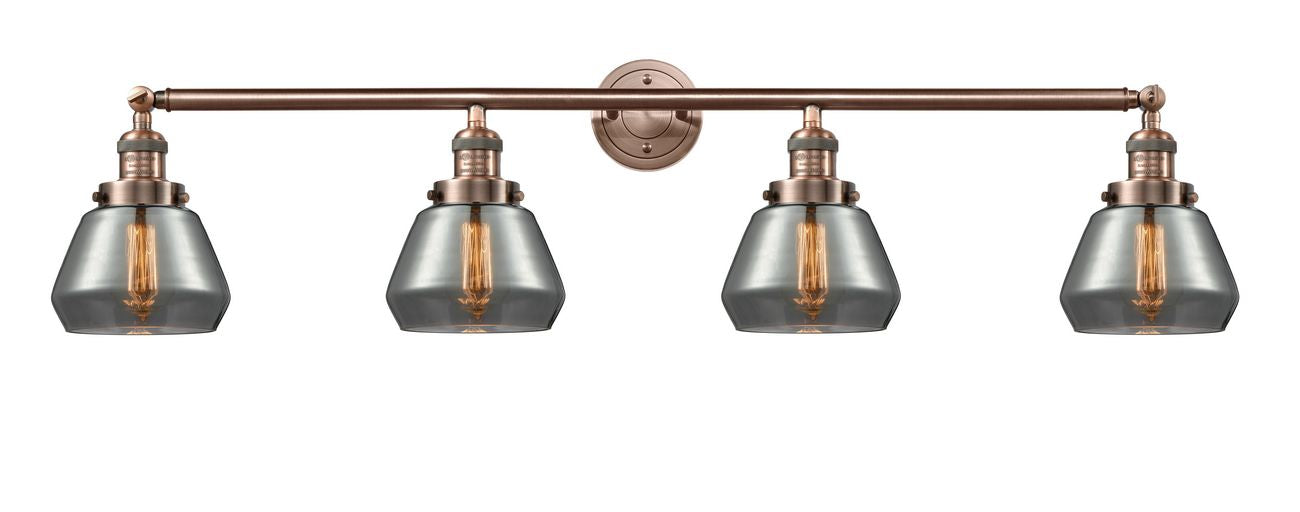 215-AC-G173 4-Light 42.75" Antique Copper Bath Vanity Light - Plated Smoke Fulton Glass - LED Bulb - Dimmensions: 42.75 x 7.875 x 9.25 - Glass Up or Down: Yes