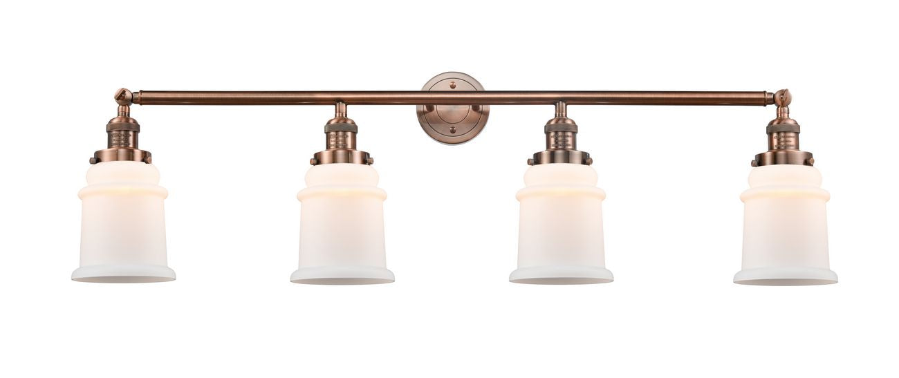 215-AC-G181 4-Light 42" Antique Copper Bath Vanity Light - Matte White Canton Glass - LED Bulb - Dimmensions: 42 x 7.5 x 11.25 - Glass Up or Down: Yes