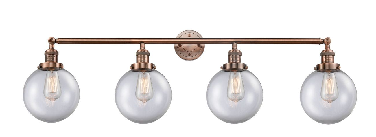 215-AC-G202-8 4-Light 44" Antique Copper Bath Vanity Light - Clear Beacon Glass - LED Bulb - Dimmensions: 44 x 9.125 x 14.125 - Glass Up or Down: Yes
