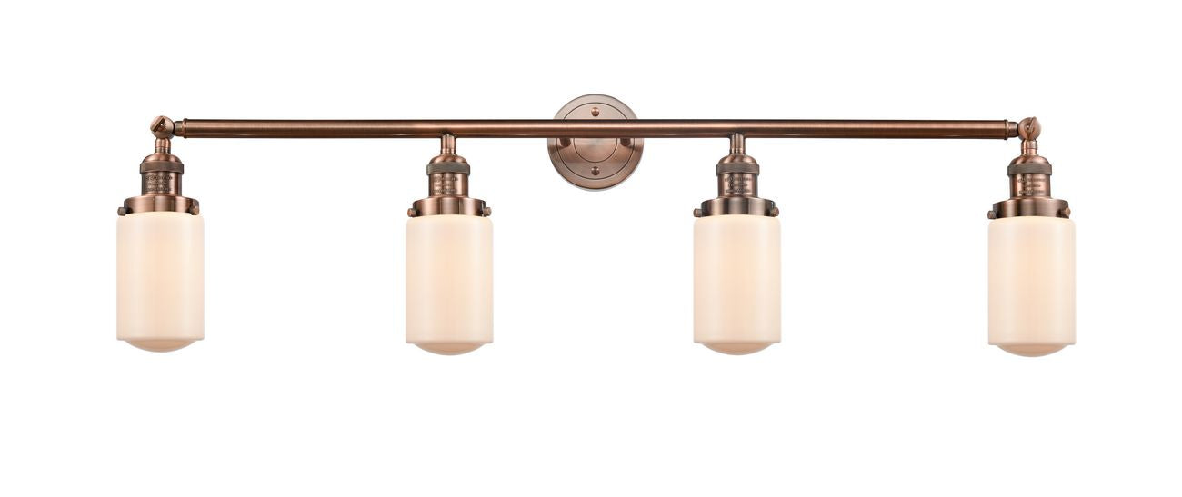 215-AC-G311 4-Light 43" Antique Copper Bath Vanity Light - Matte White Cased Dover Glass - LED Bulb - Dimmensions: 43 x 7.5 x 10.75 - Glass Up or Down: Yes