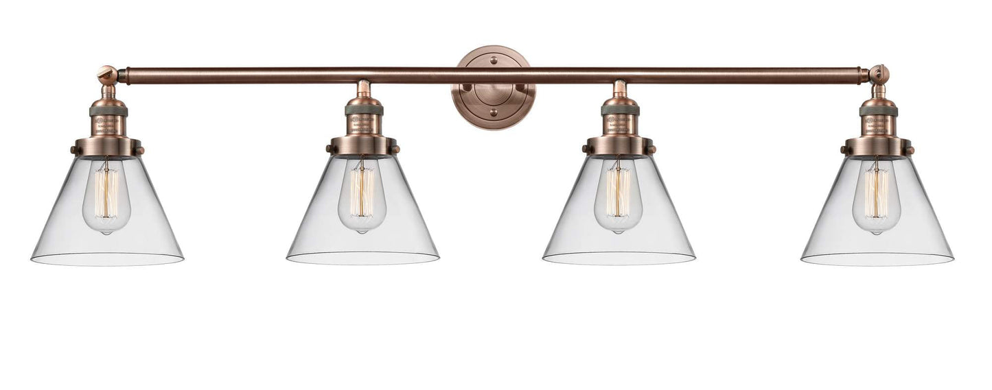 215-AC-G42 4-Light 43.75" Antique Copper Bath Vanity Light - Clear Large Cone Glass - LED Bulb - Dimmensions: 43.75 x 8.375 x 10 - Glass Up or Down: Yes