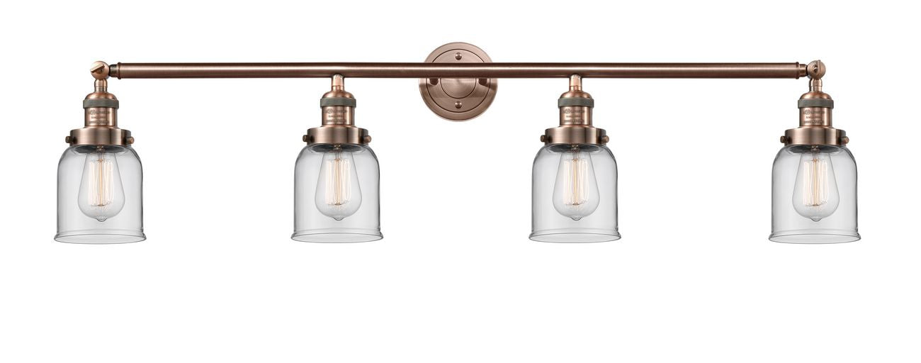 215-AC-G52 4-Light 42" Antique Copper Bath Vanity Light - Clear Small Bell Glass - LED Bulb - Dimmensions: 42 x 7 x 9.75 - Glass Up or Down: Yes