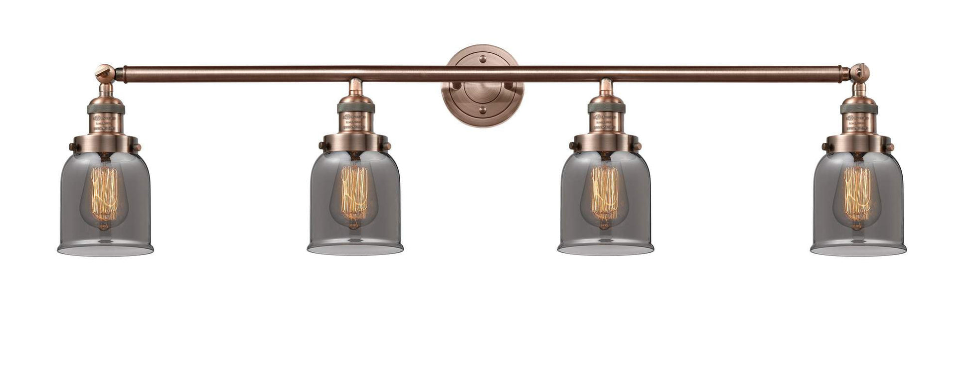215-AC-G53 4-Light 42" Antique Copper Bath Vanity Light - Plated Smoke Small Bell Glass - LED Bulb - Dimmensions: 42 x 7 x 9.75 - Glass Up or Down: Yes