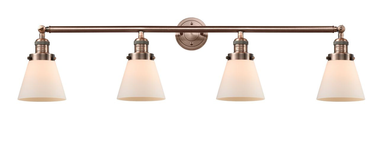 215-AC-G61 4-Light 42.25" Antique Copper Bath Vanity Light - Matte White Cased Small Cone Glass - LED Bulb - Dimmensions: 42.25 x 7.625 x 9.75 - Glass Up or Down: Yes