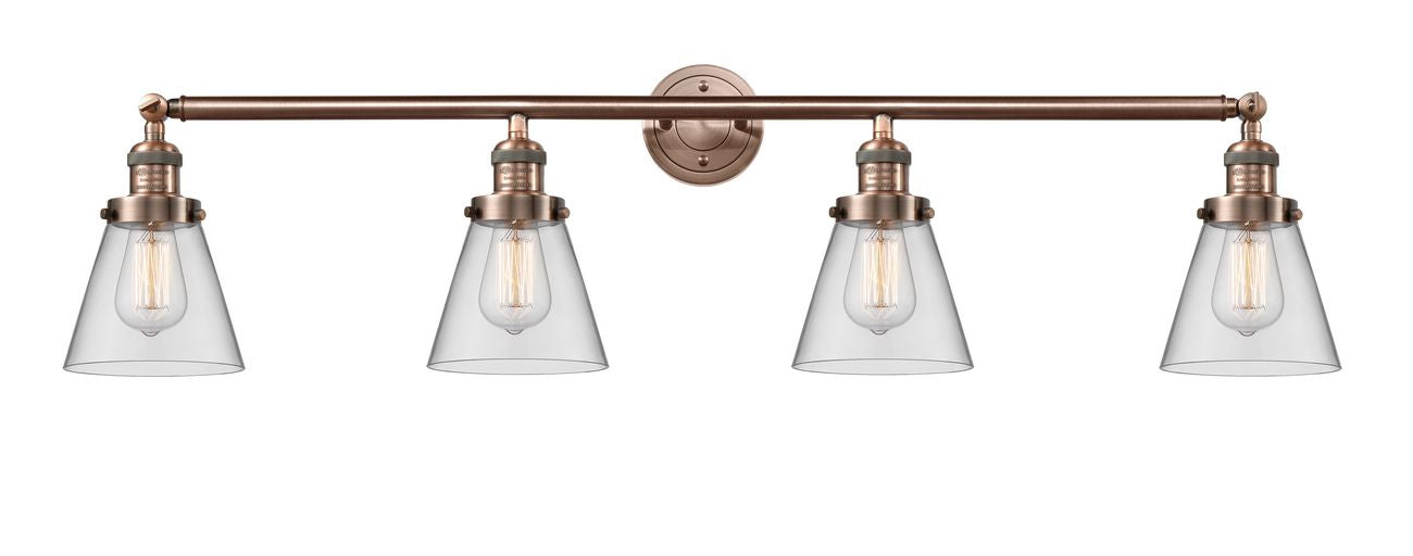215-AC-G62 4-Light 42.25" Antique Copper Bath Vanity Light - Clear Small Cone Glass - LED Bulb - Dimmensions: 42.25 x 7.625 x 9.75 - Glass Up or Down: Yes