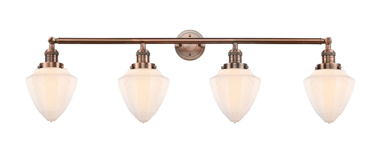 215-AC-G661-7 4-Light 45.75" Antique Copper Bath Vanity Light - Matte White Cased Small Bullet Glass - LED Bulb - Dimmensions: 45.75 x 8 x 15 - Glass Up or Down: Yes