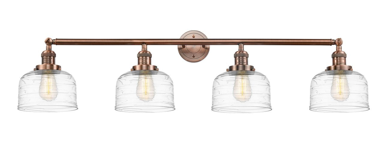 215-AC-G713 4-Light 44" Antique Copper Bath Vanity Light - Clear Deco Swirl Large Bell Glass - LED Bulb - Dimmensions: 44 x 8.5 x 9.75 - Glass Up or Down: Yes