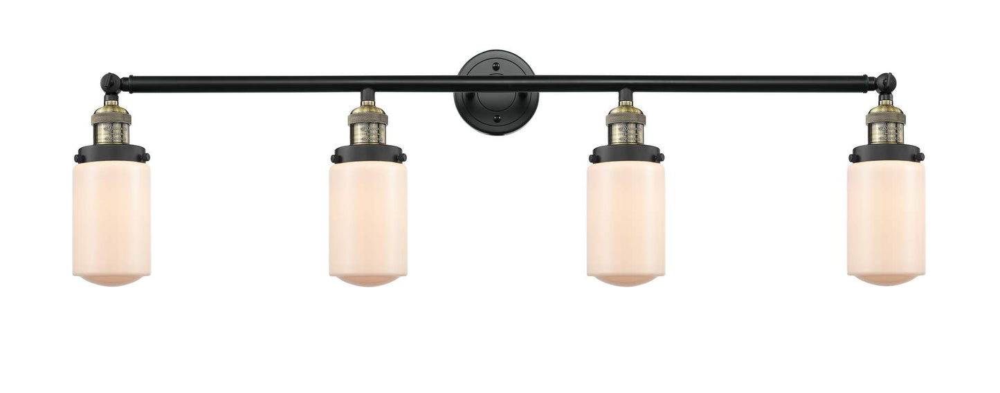 215-BAB-G311 4-Light 43" Black Antique Brass Bath Vanity Light - Matte White Cased Dover Glass - LED Bulb - Dimmensions: 43 x 7.5 x 10.75 - Glass Up or Down: Yes