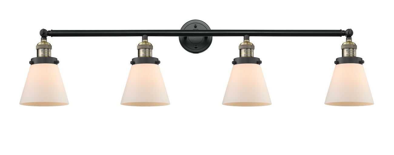 215-BAB-G61 4-Light 42.25" Black Antique Brass Bath Vanity Light - Matte White Cased Small Cone Glass - LED Bulb - Dimmensions: 42.25 x 7.625 x 9.75 - Glass Up or Down: Yes