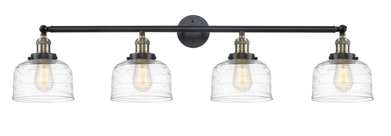 215-BAB-G713 4-Light 44" Black Antique Brass Bath Vanity Light - Clear Deco Swirl Large Bell Glass - LED Bulb - Dimmensions: 44 x 8.5 x 9.75 - Glass Up or Down: Yes