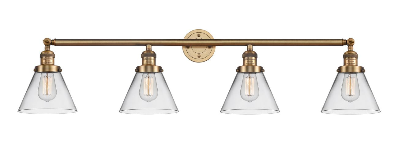 215-BB-G42 4-Light 43.75" Brushed Brass Bath Vanity Light - Clear Large Cone Glass - LED Bulb - Dimmensions: 43.75 x 8.375 x 10 - Glass Up or Down: Yes