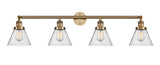 215-BB-G44 4-Light 43.75" Brushed Brass Bath Vanity Light - Seedy Large Cone Glass - LED Bulb - Dimmensions: 43.75 x 8.375 x 10 - Glass Up or Down: Yes