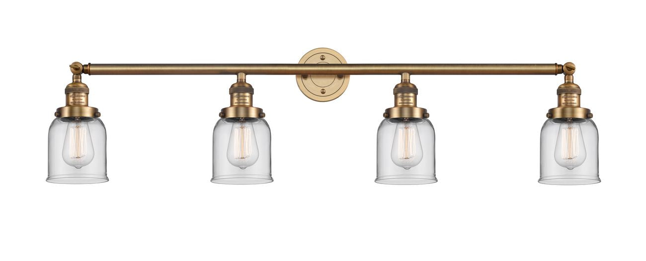 215-BB-G52 4-Light 42" Brushed Brass Bath Vanity Light - Clear Small Bell Glass - LED Bulb - Dimmensions: 42 x 7 x 9.75 - Glass Up or Down: Yes