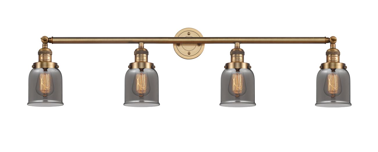 215-BB-G53 4-Light 42" Brushed Brass Bath Vanity Light - Plated Smoke Small Bell Glass - LED Bulb - Dimmensions: 42 x 7 x 9.75 - Glass Up or Down: Yes