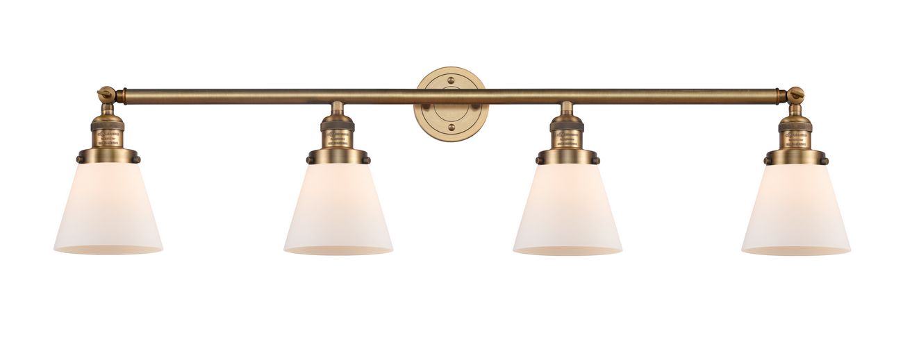 215-BB-G61 4-Light 42.25" Brushed Brass Bath Vanity Light - Matte White Cased Small Cone Glass - LED Bulb - Dimmensions: 42.25 x 7.625 x 9.75 - Glass Up or Down: Yes