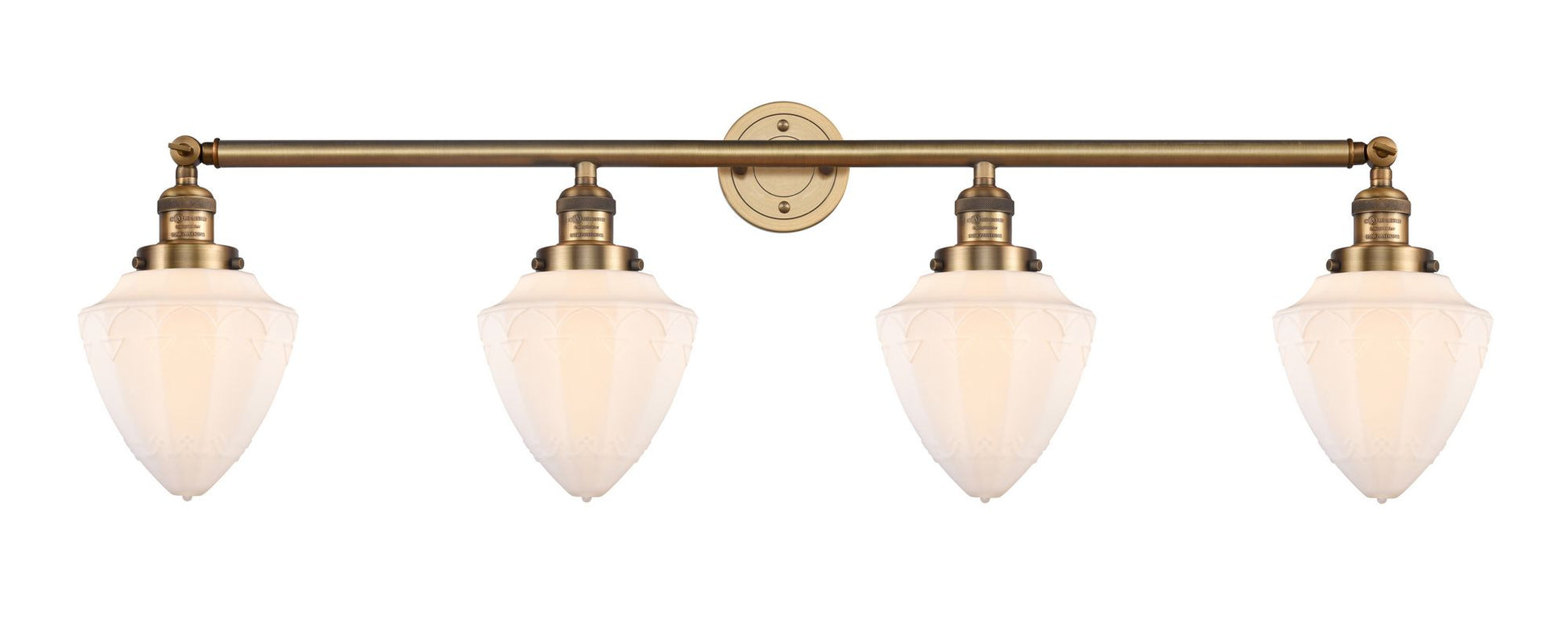 215-BB-G661-7 4-Light 45.75" Brushed Brass Bath Vanity Light - Matte White Cased Small Bullet Glass - LED Bulb - Dimmensions: 45.75 x 8 x 15 - Glass Up or Down: Yes