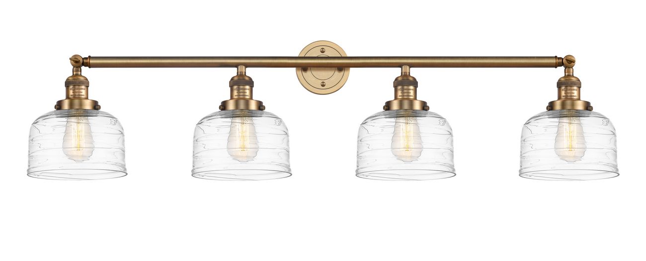 215-BB-G713 4-Light 44" Brushed Brass Bath Vanity Light - Clear Deco Swirl Large Bell Glass - LED Bulb - Dimmensions: 44 x 8.5 x 9.75 - Glass Up or Down: Yes