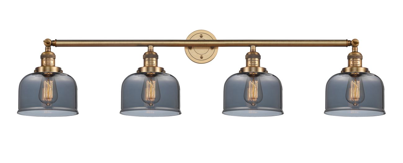 215-BB-G73 4-Light 44" Brushed Brass Bath Vanity Light - Plated Smoke Large Bell Glass - LED Bulb - Dimmensions: 44 x 8.5 x 9.75 - Glass Up or Down: Yes