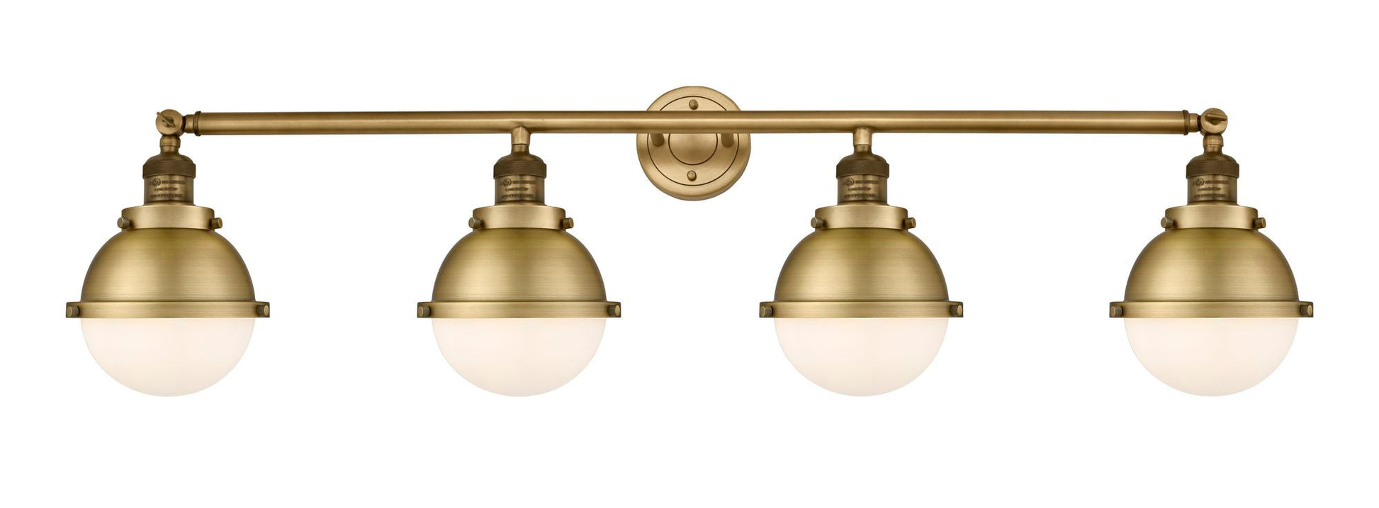 215-BB-HFS-61-BB 4-Light 45.925" Brushed Brass Bath Vanity Light - Matte White Hampden Glass - LED Bulb - Dimmensions: 45.925 x 8.125 x 10.25 - Glass Up or Down: Yes