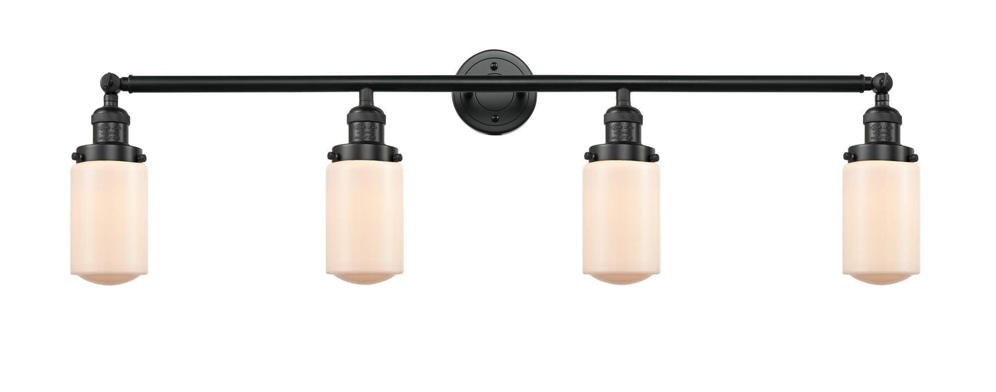 215-BK-G311 4-Light 43" Matte Black Bath Vanity Light - Matte White Cased Dover Glass - LED Bulb - Dimmensions: 43 x 7.5 x 10.75 - Glass Up or Down: Yes