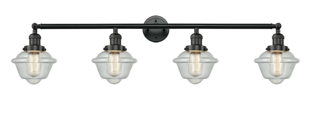 215-BK-G534 4-Light 46" Matte Black Bath Vanity Light - Seedy Small Oxford Glass - LED Bulb - Dimmensions: 46 x 9 x 10 - Glass Up or Down: Yes