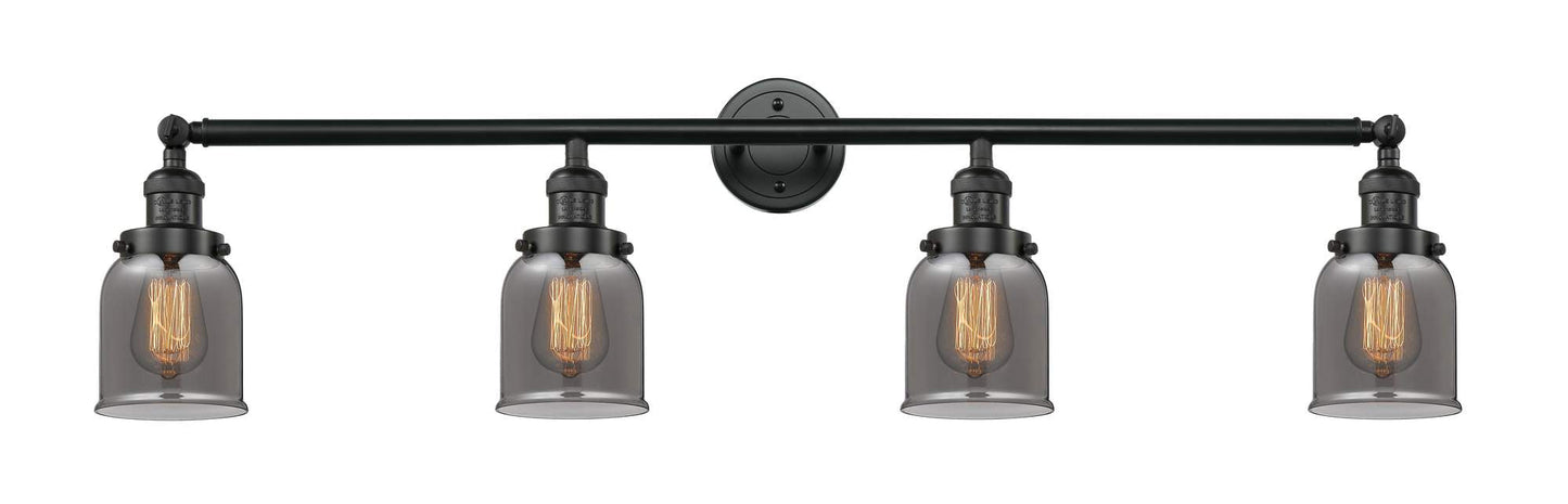 215-BK-G53 4-Light 42" Matte Black Bath Vanity Light - Plated Smoke Small Bell Glass - LED Bulb - Dimmensions: 42 x 7 x 9.75 - Glass Up or Down: Yes