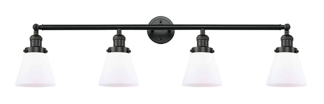 215-BK-G61 4-Light 42.25" Matte Black Bath Vanity Light - Matte White Cased Small Cone Glass - LED Bulb - Dimmensions: 42.25 x 7.625 x 9.75 - Glass Up or Down: Yes