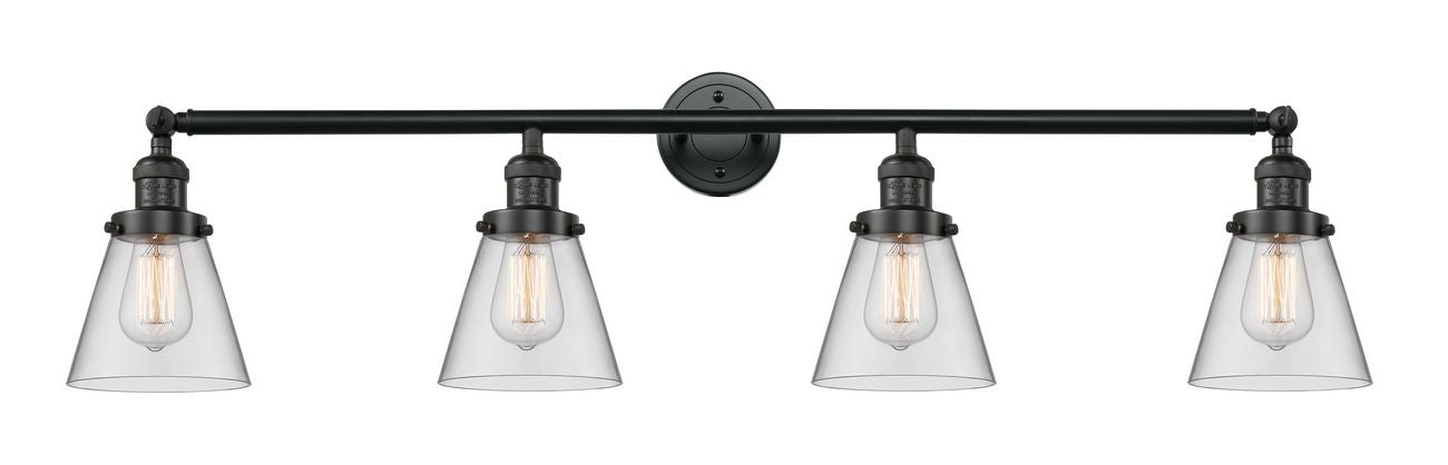 215-BK-G62 4-Light 42.25" Matte Black Bath Vanity Light - Clear Small Cone Glass - LED Bulb - Dimmensions: 42.25 x 7.625 x 9.75 - Glass Up or Down: Yes