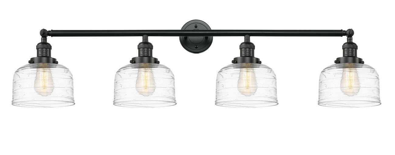 215-BK-G713 4-Light 44" Matte Black Bath Vanity Light - Clear Deco Swirl Large Bell Glass - LED Bulb - Dimmensions: 44 x 8.5 x 9.75 - Glass Up or Down: Yes