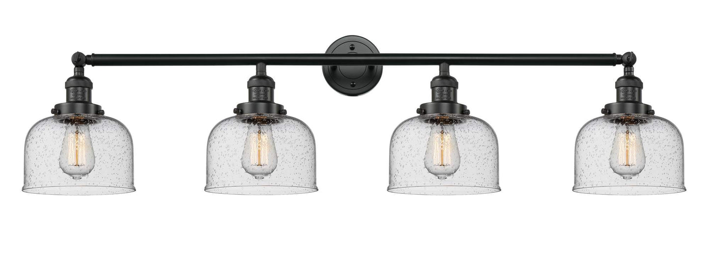 215-BK-G74 4-Light 44" Matte Black Bath Vanity Light - Seedy Large Bell Glass - LED Bulb - Dimmensions: 44 x 8.5 x 9.75 - Glass Up or Down: Yes