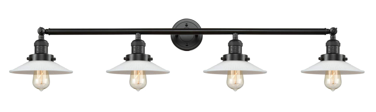 215-OB-G1 4-Light 44.5" Oil Rubbed Bronze Bath Vanity Light - White Halophane Glass - LED Bulb - Dimmensions: 44.5 x 9 x 6.5 - Glass Up or Down: Yes